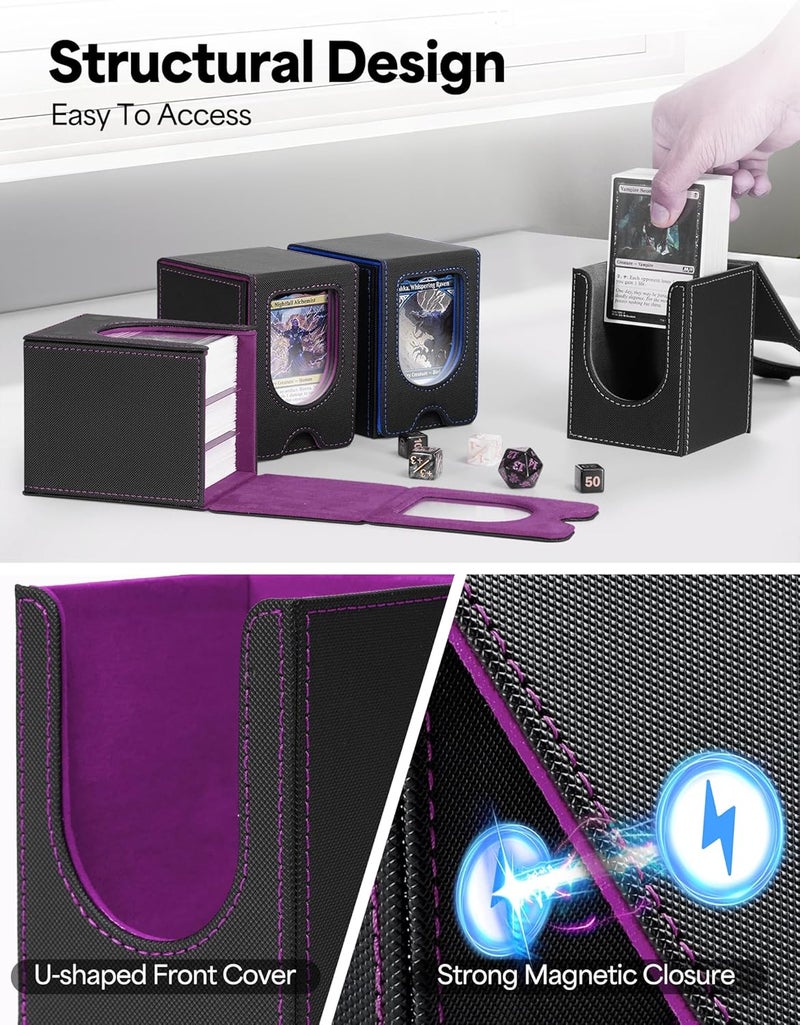 banloga Card Deck Box for MTG Commander, Card Case Holds 100+ Double-Sleeved Cards, Magic Card Box Fits for TCG/PTCG/CCG Card with 2 Dividers (Black&Purple) - Image 4
